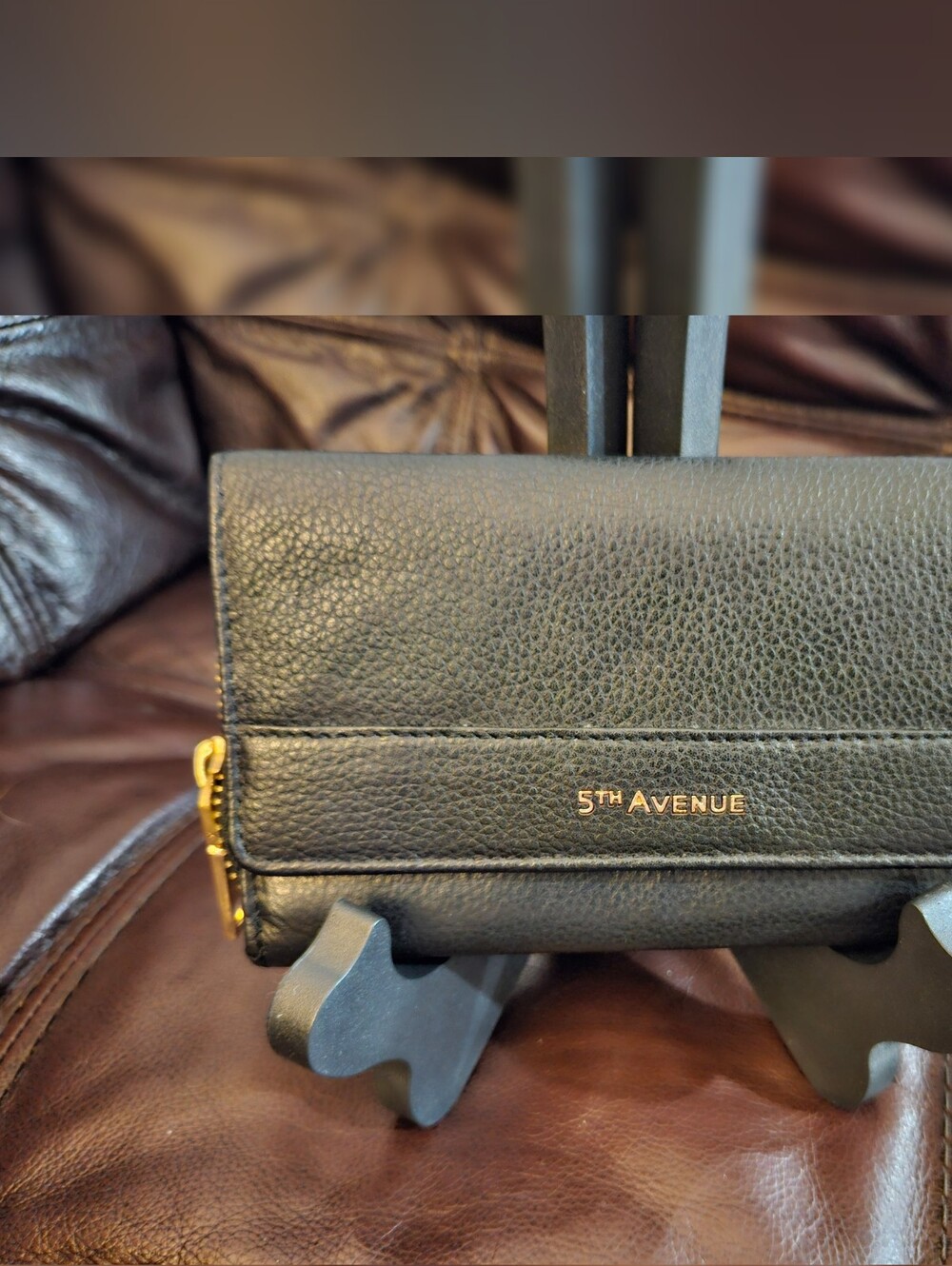 5th Avenue Black Pebbled Leather Women’s Wallet with Gold Logo